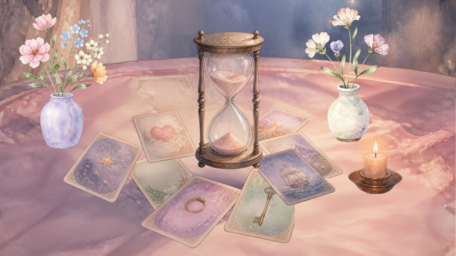 Lenormand Kartenlegen mit Sanduhr, Kerze und Blumen f&uuml;r Deutung lernen.