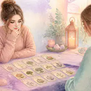 Zwei Frauen beim Kartenlegen an einem Tisch, vor ihnen liegt eine Legung aus Lenormandkarten.