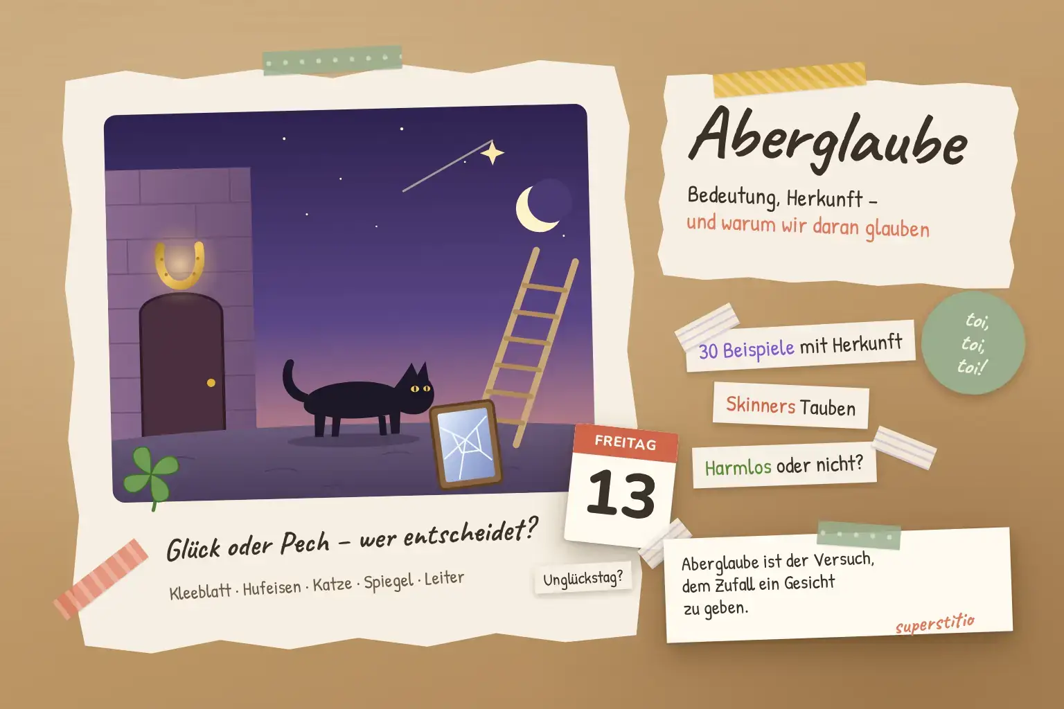 Collage zum Aberglauben: schwarze Katze, Hufeisen &uuml;ber der T&uuml;r, Leiter, zerbrochener Spiegel, vierbl&auml;ttriges Kleeblatt und Kalenderblatt Freitag, der 13.
