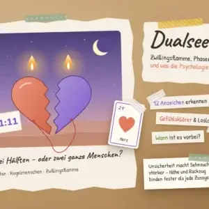Dualseele und Zwillingsflamme &ndash; Collage mit geteiltem Herz, zwei Flammen, rotem Faden und der Uhrzeit 11:11