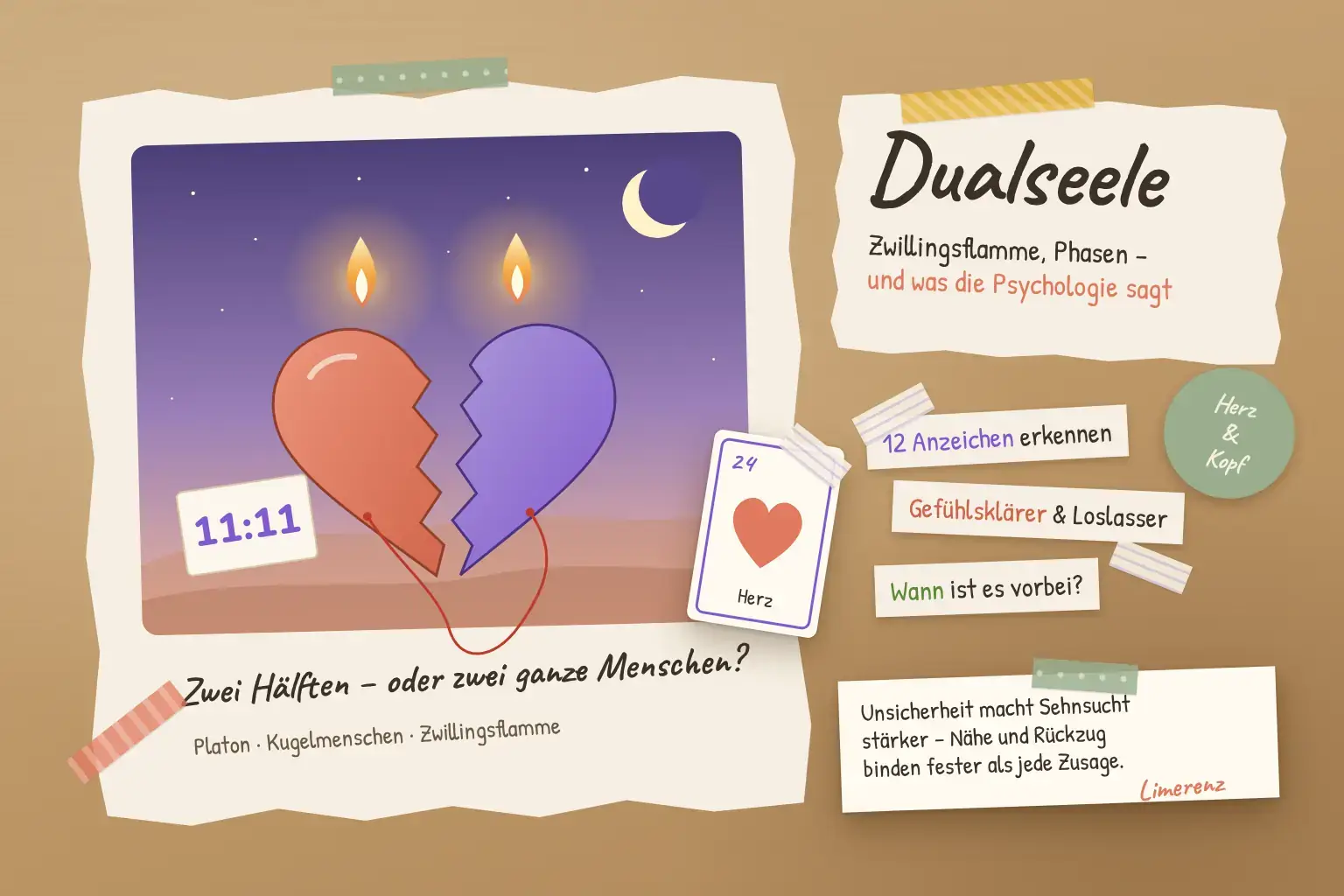 Dualseele und Zwillingsflamme – Collage mit geteiltem Herz, zwei Flammen, rotem Faden und der Uhrzeit 11:11
