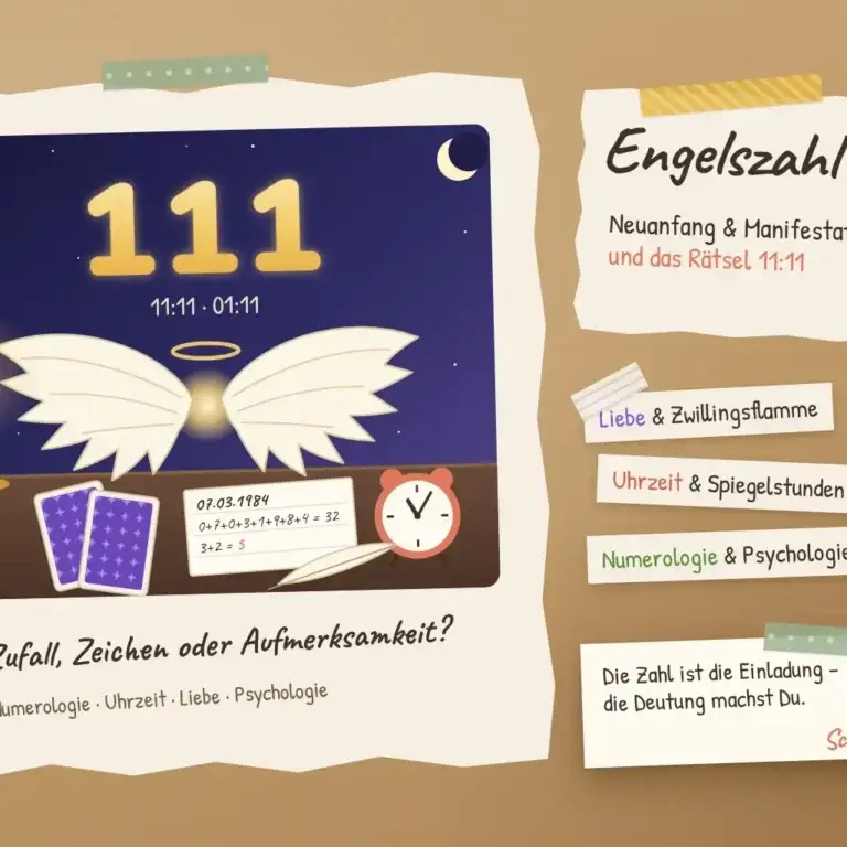 Collage zur Engelszahl 111: leuchtende 111 und die Uhrzeiten 11:11 und 01:11 am Nachthimmel &uuml;ber Engelsfl&uuml;geln, daneben Lenormandkarten und ein Wecker