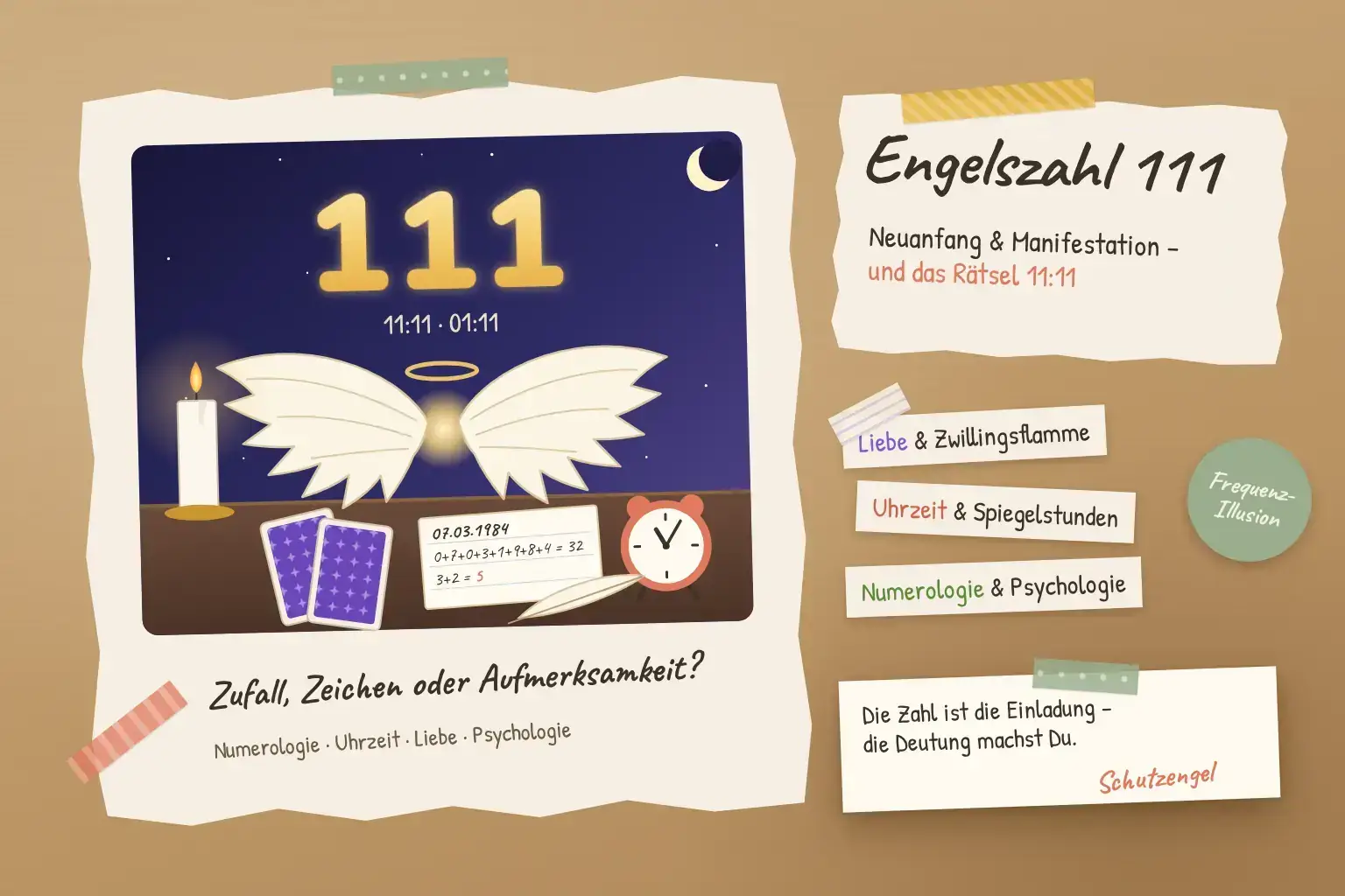 Collage zur Engelszahl 111: leuchtende 111 und die Uhrzeiten 11:11 und 01:11 am Nachthimmel über Engelsflügeln, daneben Lenormandkarten und ein Wecker