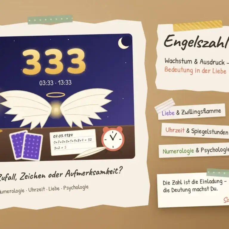 Collage zur Engelszahl 333: leuchtende 333 und die Uhrzeiten 03:33 und 13:33 am Nachthimmel &uuml;ber Engelsfl&uuml;geln, daneben Lenormandkarten und ein Wecker