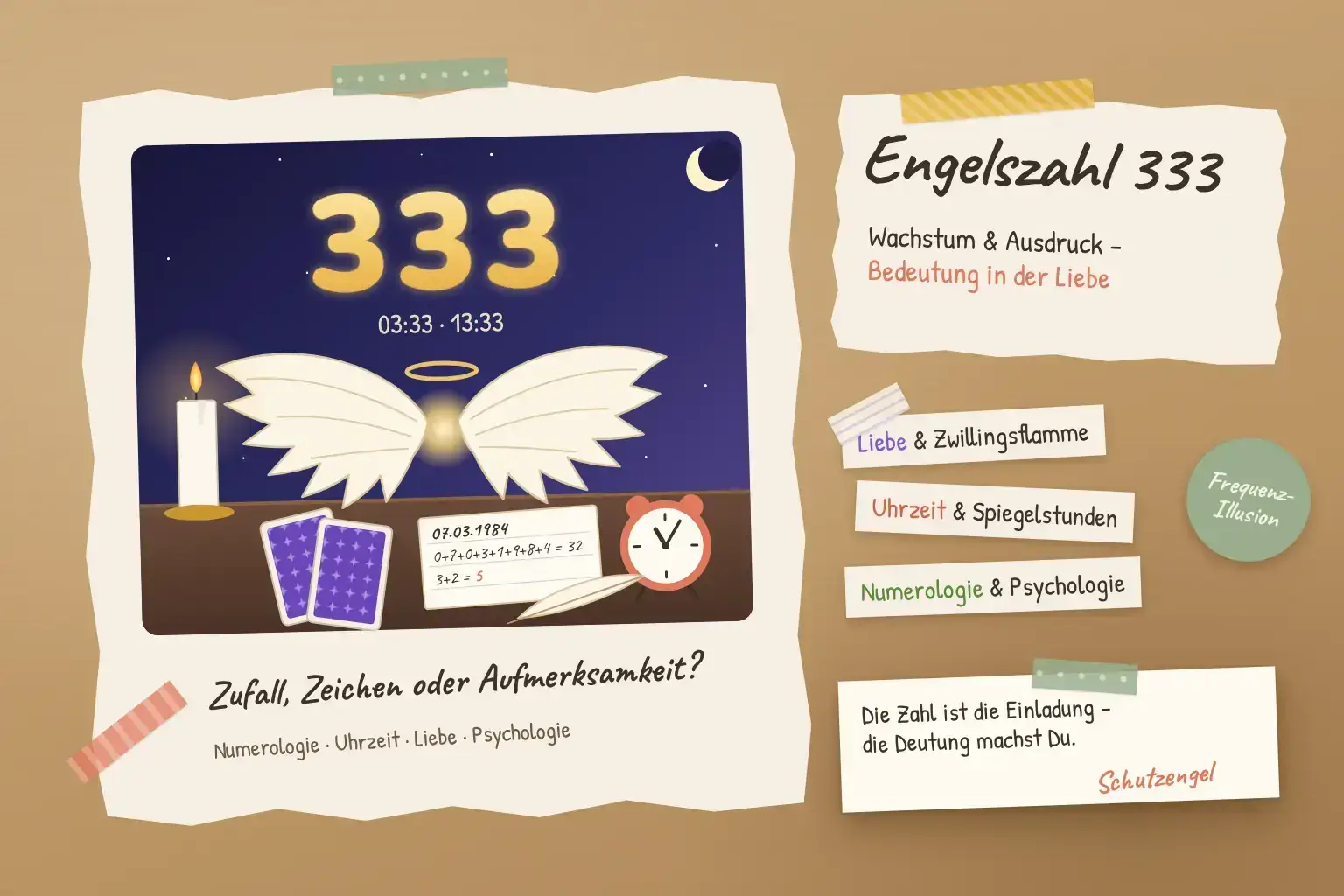 Collage zur Engelszahl 333: leuchtende 333 und die Uhrzeiten 03:33 und 13:33 am Nachthimmel über Engelsflügeln, daneben Lenormandkarten und ein Wecker
