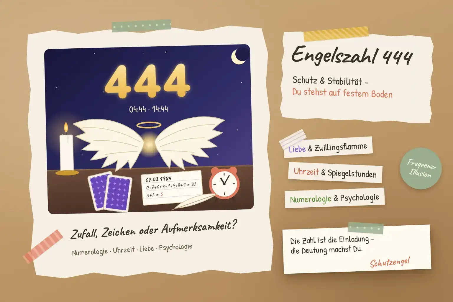 Collage zur Engelszahl 444: leuchtende 444 und die Uhrzeiten 04:44 und 14:44 am Nachthimmel über Engelsflügeln, daneben Lenormandkarten und ein Wecker