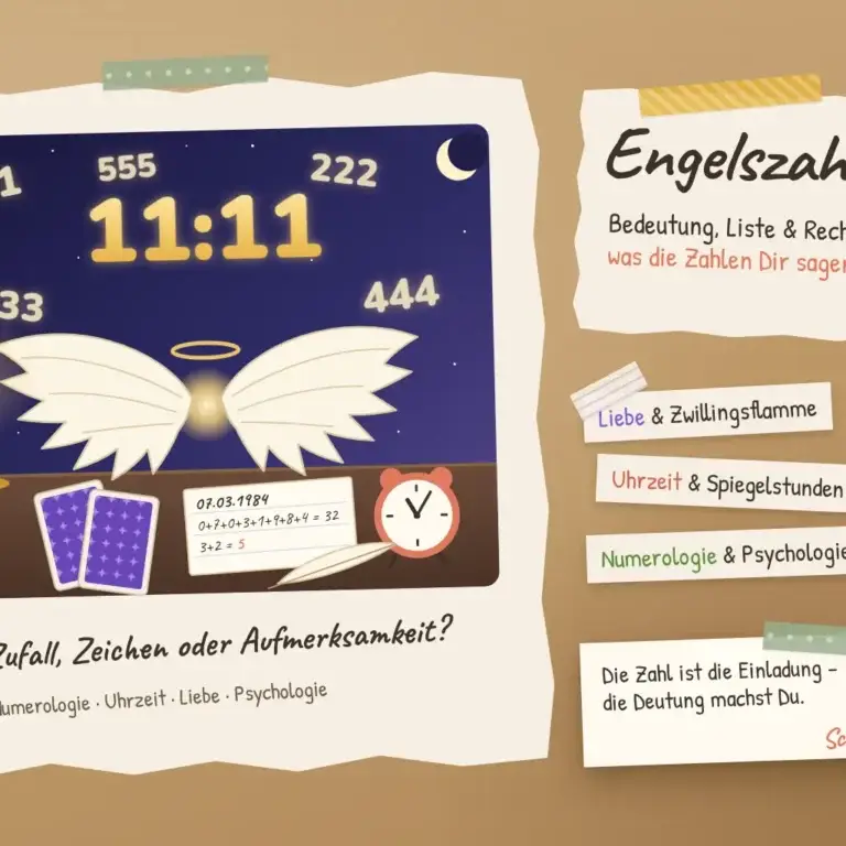 Collage zu Engelszahlen: leuchtende Zahlen 11:11, 111, 222, 333, 444 und 555 am Nachthimmel über Engelsflügeln, daneben Lenormandkarten, ein Notizzettel mit Quersumme und ein Wecker