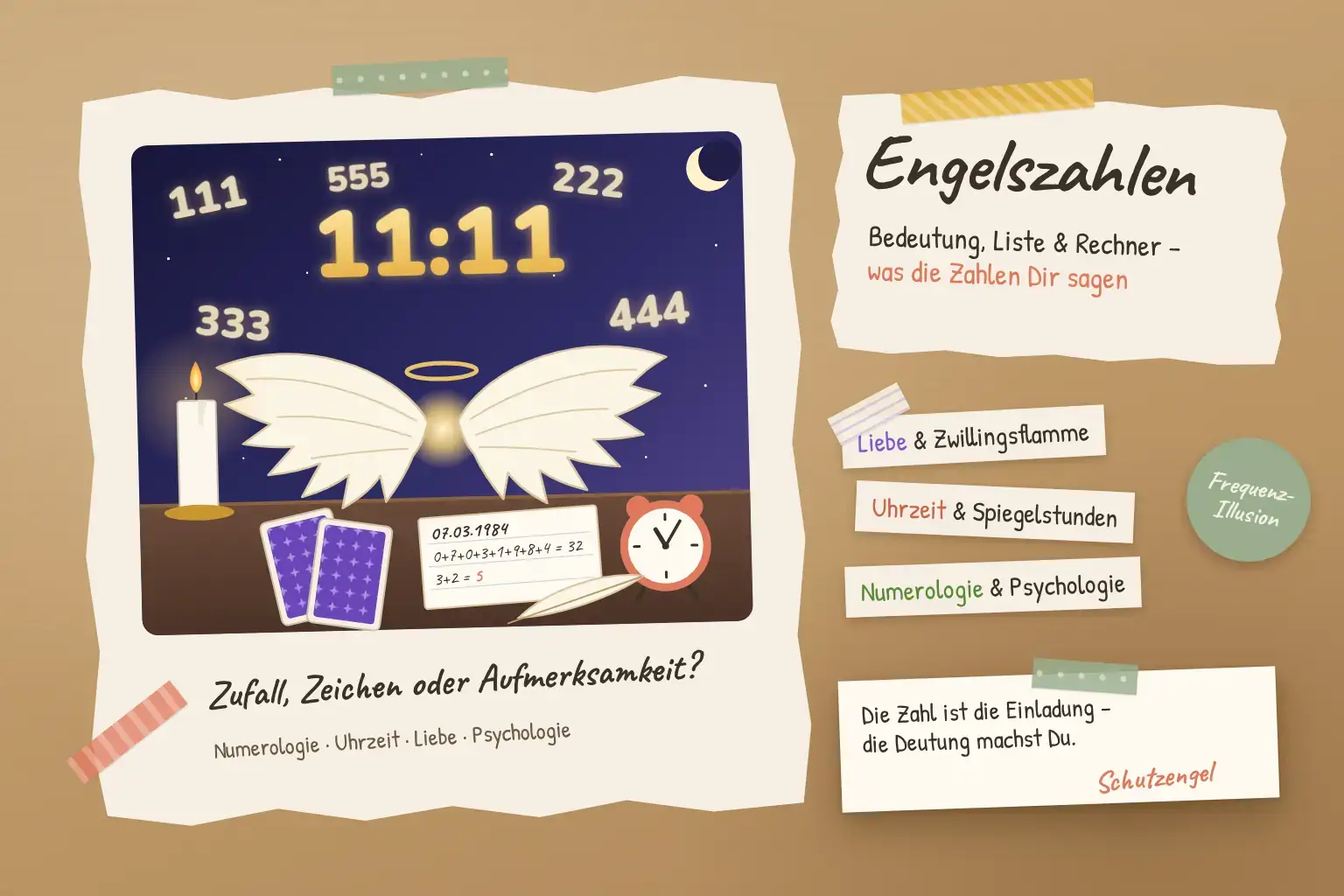 Collage zu Engelszahlen: leuchtende Zahlen 11:11, 111, 222, 333, 444 und 555 am Nachthimmel über Engelsflügeln, daneben Lenormandkarten, ein Notizzettel mit Quersumme und ein Wecker