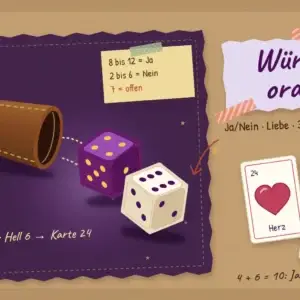 Ja-Nein-W&uuml;rfelorakel: ein lila und ein heller W&uuml;rfel zeigen 4 und 6, daneben W&uuml;rfelbecher, Regelzettel und die Lenormandkarten Herz und Sonne