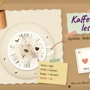 Kaffeesatz lesen: Umgedrehte Kaffeetasse von oben mit Herz-Symbol am Henkel, daneben Mokkakanne, Notizzettel zu Rand, Mitte, Boden und Henkel sowie die Lenormandkarten Herz und V&ouml;gel