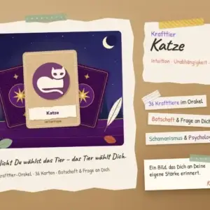 Collage zum Krafttier Katze: Krafttierkarte mit Katzen-Silhouette zwischen zwei verdeckten Orakelkarten vor dem Nachthimmel, daneben Kerze und Feder, Stichworte Intuition, Unabh&auml;ngigkeit und Selbstf&uuml;rsorge