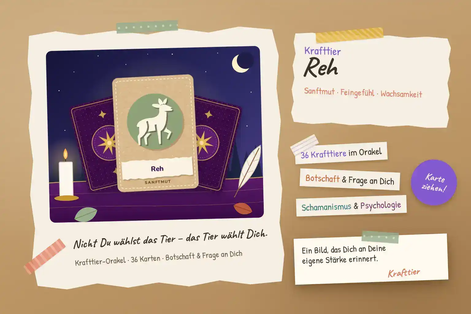Collage zum Krafttier Reh: Krafttierkarte mit Reh-Silhouette zwischen zwei verdeckten Orakelkarten vor dem Nachthimmel, daneben Kerze und Feder, Stichworte Sanftmut, Feingef&uuml;hl und Wachsamkeit