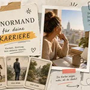 Lenormand Beruf: die Karten Reiter, Herr und Park neben einer Frau, die am Schreibtisch auf eine Stadt blickt, dazu der Schriftzug &bdquo;Lenormand f&uuml;r deine Karriere&ldquo;