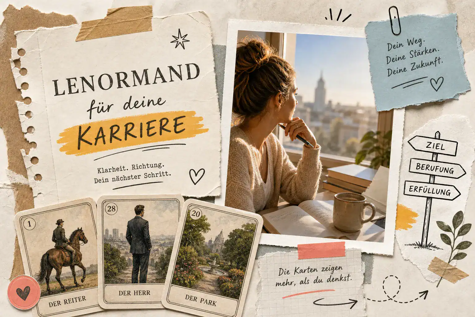 Lenormand Beruf: die Karten Reiter, Herr und Park neben einer Frau, die am Schreibtisch auf eine Stadt blickt, dazu der Schriftzug „Lenormand für deine Karriere“