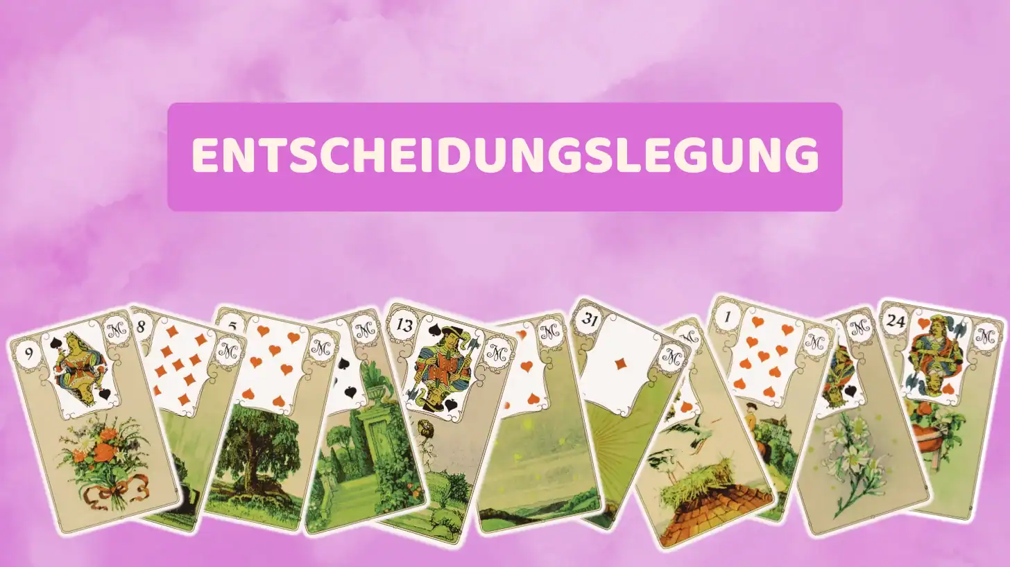 Lenormand Entscheidungslegung – Titelbild mit aufgefächerten Lenormandkarten auf rosa Aquarellgrund