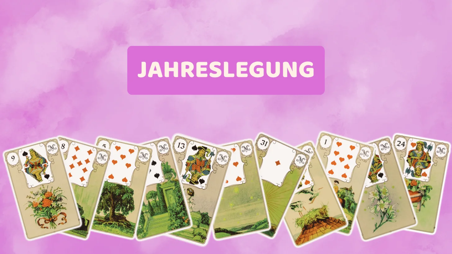 Jahreslegung 1 Lenormand Jahreslegung – Titelbild mit aufgefächerten Lenormandkarten auf rosa Aquarellgrund