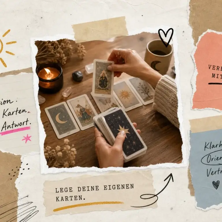 Wissenswertes und Interessantes zum Kartenlegen und Wahrsagen 3 Lenormand selber legen: Hände legen Karten mit Mond- und Sonnenmotiv auf einen Holztisch, daneben Kerze und Kristalle, dazu der Schriftzug „Lege deine eigenen Karten“