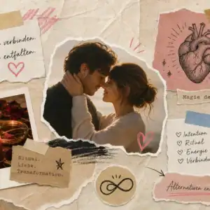 Liebeszauber als Collage: ein Paar Stirn an Stirn, Kerzen mit Rosenbl&auml;ttern, ein gezeichnetes Herz und die Notiz &bdquo;Intention, Ritual, Energie, Verbindung&ldquo;