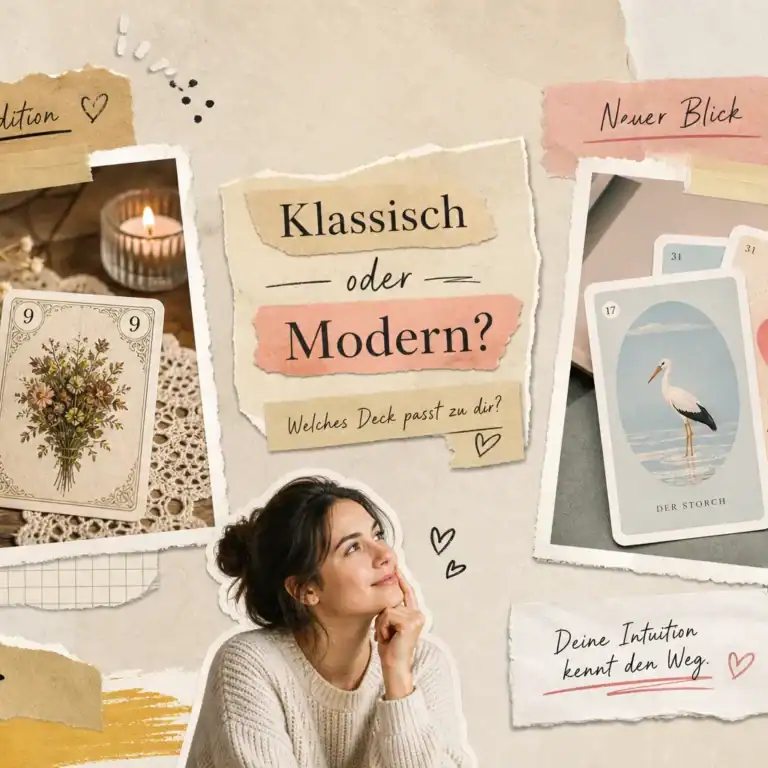 Wissenswertes und Interessantes zum Kartenlegen und Wahrsagen 5 Klassische und moderne Lenormandkarten im Vergleich: links die klassische Karte Blumenstrauß mit der Nummer 9, rechts die modern gestalteten Karten Der Storch und Das Herz, dazwischen die Frage „Klassisch oder Modern?“