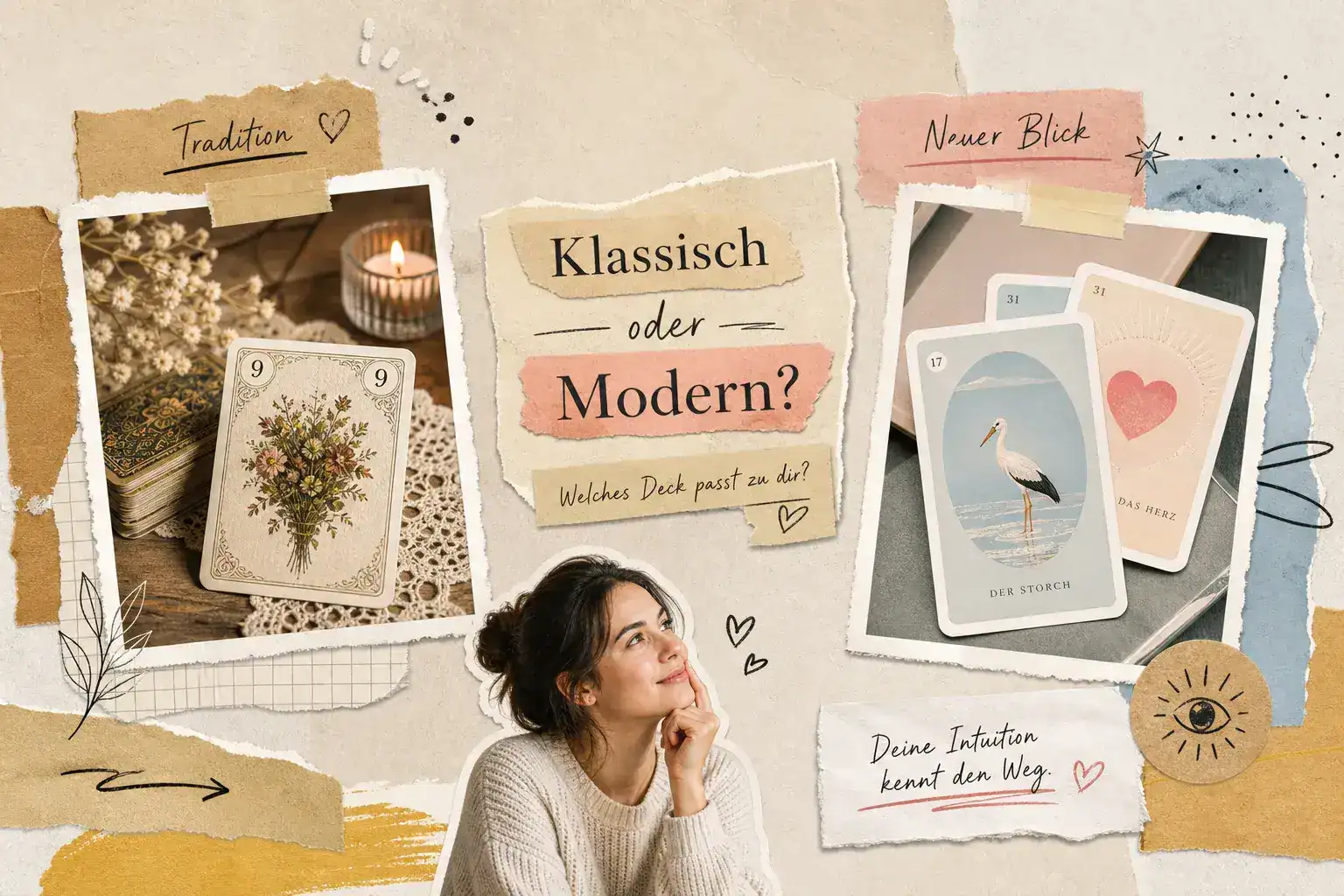 Klassische und moderne Lenormandkarten im Vergleich: links die klassische Karte Blumenstrauß mit der Nummer 9, rechts die modern gestalteten Karten Der Storch und Das Herz, dazwischen die Frage „Klassisch oder Modern?“