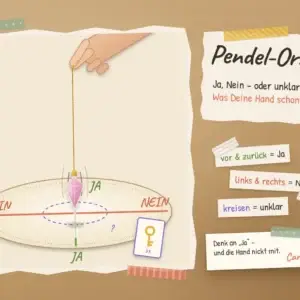 Pendel-Orakel: Hand h&auml;lt ein Rosenquarz-Kristallpendel &uuml;ber einer Pendeltafel mit Ja, Nein und Fragezeichen