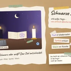 Collage zur schwarzen und wei&szlig;en Magie: schwarze und wei&szlig;e Kerze, aufgeschlagenes Zauberbuch mit Pentagramm, antike Fluchtafel mit Nagel, R&auml;ucherb&uuml;ndel und Nazar-Amulett