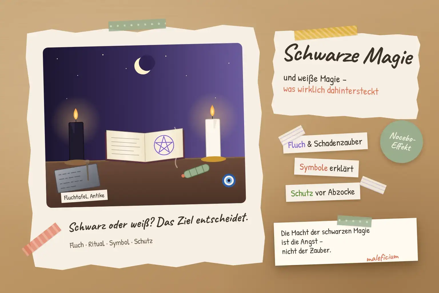 Collage zur schwarzen und wei&szlig;en Magie: schwarze und wei&szlig;e Kerze, aufgeschlagenes Zauberbuch mit Pentagramm, antike Fluchtafel mit Nagel, R&auml;ucherb&uuml;ndel und Nazar-Amulett