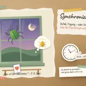 Synchronizit&auml;t: Collage mit Notizzettel zu Jungs Skarab&auml;us, Uhr und Lenormandkarte als Symbole f&uuml;r sinnvolle Zuf&auml;lle
