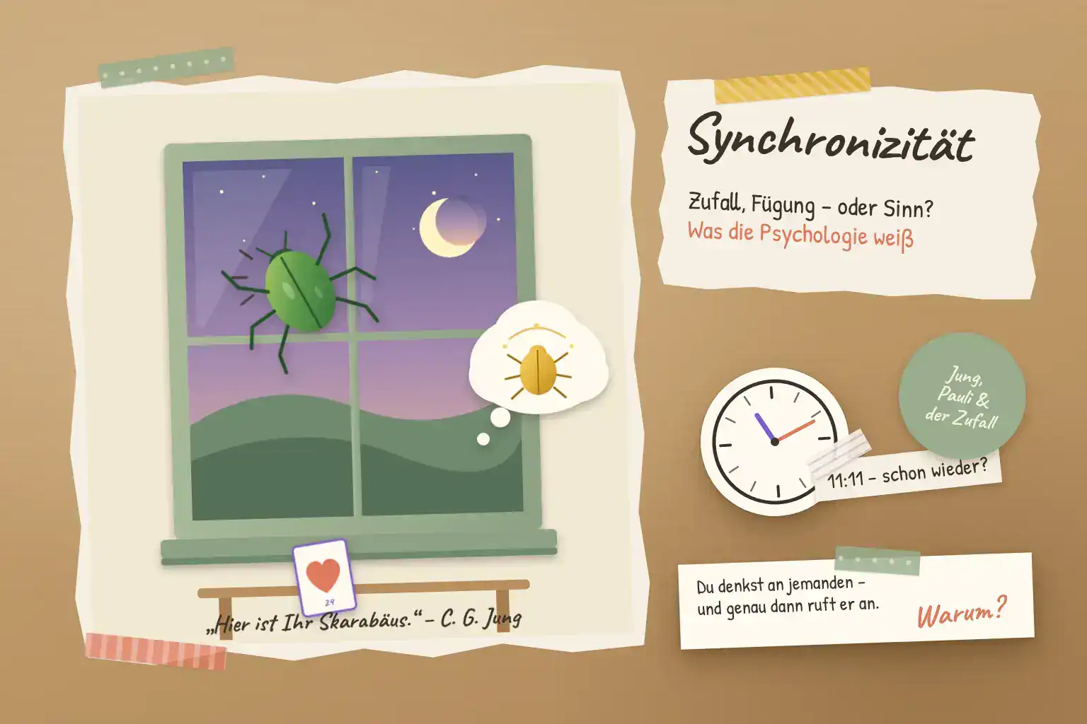 Synchronizität: Collage mit Notizzettel zu Jungs Skarabäus, Uhr und Lenormandkarte als Symbole für sinnvolle Zufälle