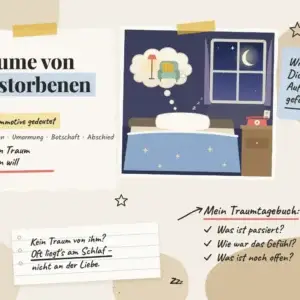 Tr&auml;ume von Verstorbenen &ndash; Collage mit Traumwolke &uuml;ber dem Bett, leerem Sessel mit Strickjacke, Mondfenster und Traumtagebuch
