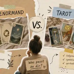 Lenormandkarten Entdecken 15 Unterschied Tarot und Lenormand: die Lenormandkarten Reiter, Ring und Sterne neben den Tarotkarten Hohepriesterin, Sonne und Welt, dazwischen eine Frau vor der Frage „Was passt zu dir?“