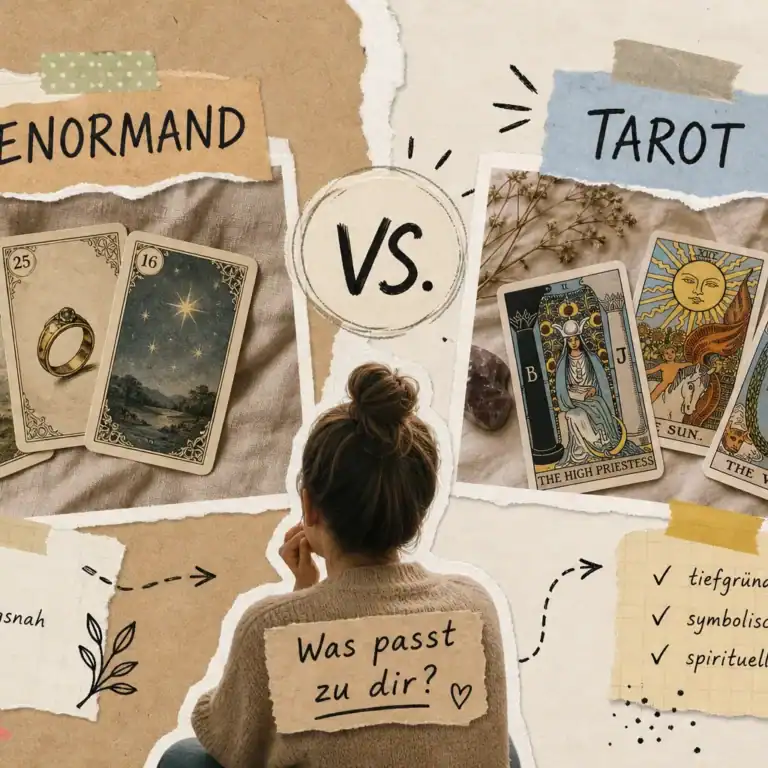Wissenswertes und Interessantes zum Kartenlegen und Wahrsagen 6 Unterschied Tarot und Lenormand: die Lenormandkarten Reiter, Ring und Sterne neben den Tarotkarten Hohepriesterin, Sonne und Welt, dazwischen eine Frau vor der Frage „Was passt zu dir?“