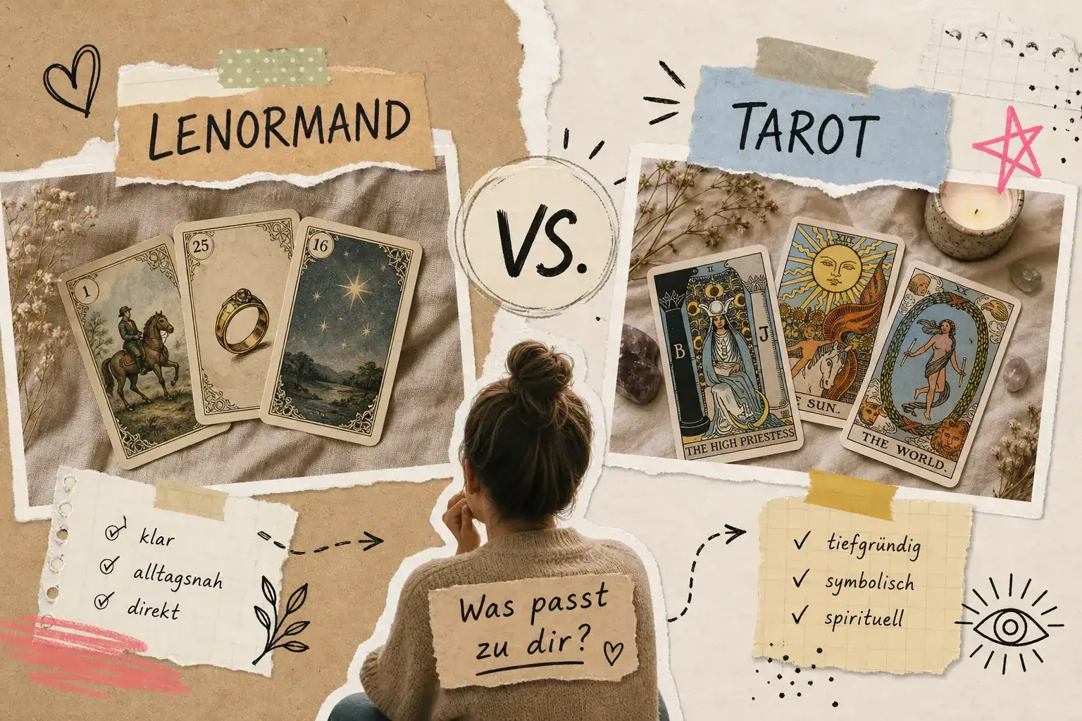 Unterschied Tarot und Lenormand: die Lenormandkarten Reiter, Ring und Sterne neben den Tarotkarten Hohepriesterin, Sonne und Welt, dazwischen eine Frau vor der Frage &bdquo;Was passt zu dir?&ldquo;