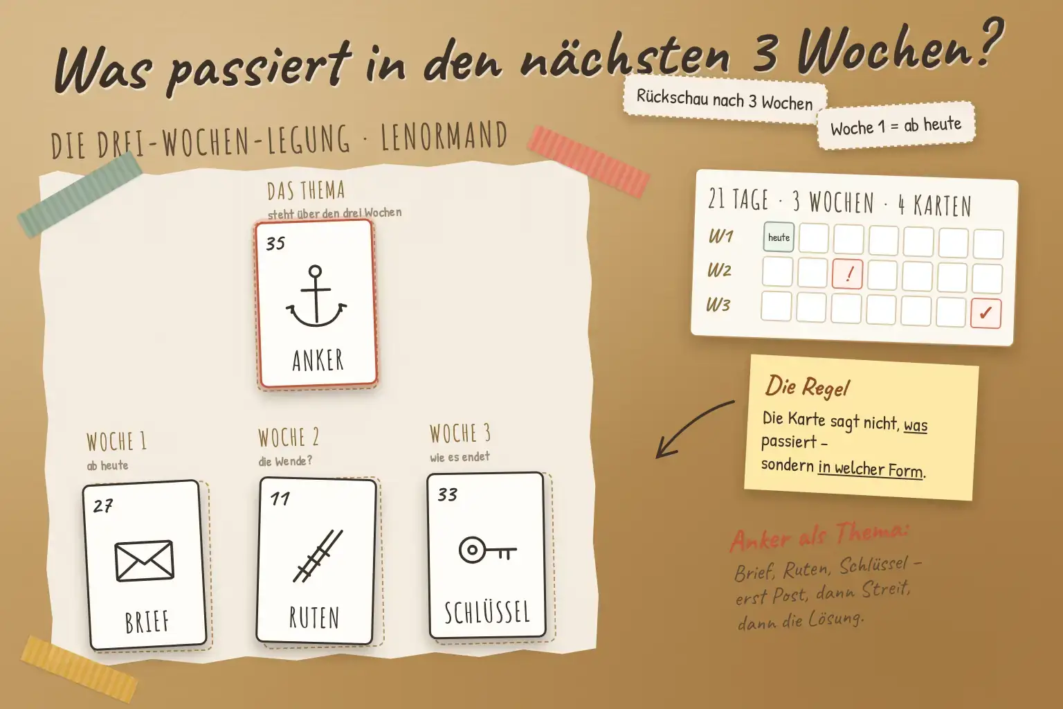 Lenormand Drei-Wochen-Legung: Themakarte Anker, Wochenkarten Brief, Ruten und Schl&uuml;ssel &uuml;ber einem Kalenderstreifen f&uuml;r 21 Tage