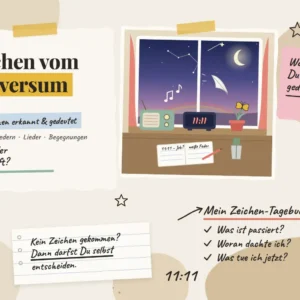 Zeichen vom Universum &ndash; Collage mit Uhr auf 11:11, wei&szlig;er Feder, Schmetterling und Sternschnuppe vor dem Fenster