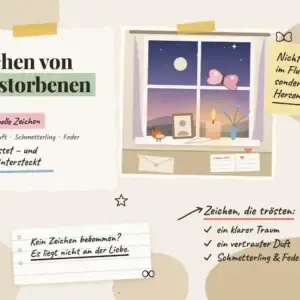 Zeichen von Verstorbenen &ndash; Collage mit Rotkehlchen am Fenster, Kerze, wei&szlig;er Feder und Schmetterling