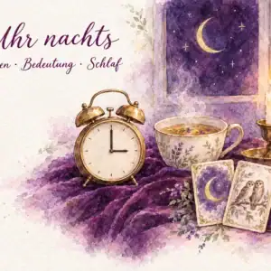 Aquarell in Violett und Gold mit dem Schriftzug &bdquo;3 Uhr nachts &ndash; Aufwachen &middot; Bedeutung &middot; Schlaf&ldquo;: ein Wecker, der auf 3 Uhr steht, eine dampfende Tasse Tee, eine Kerze, ein Fenster mit Mondsichel und die Lenormandkarten Mond und Eulen