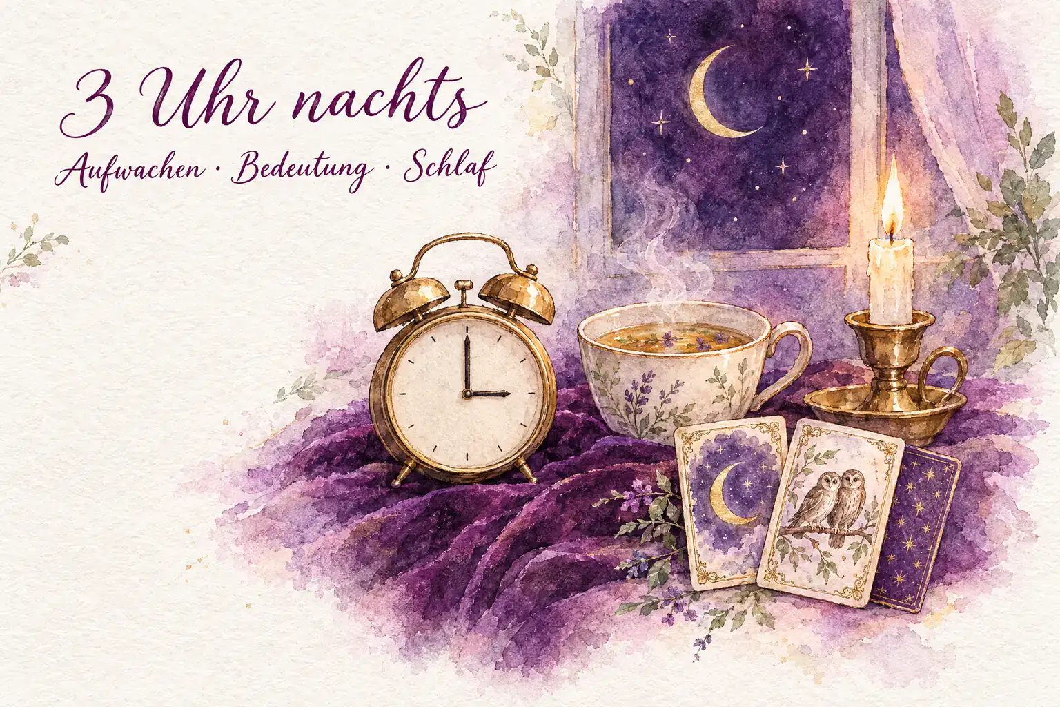 Aquarell in Violett und Gold mit dem Schriftzug &bdquo;3 Uhr nachts &ndash; Aufwachen &middot; Bedeutung &middot; Schlaf&ldquo;: ein Wecker, der auf 3 Uhr steht, eine dampfende Tasse Tee, eine Kerze, ein Fenster mit Mondsichel und die Lenormandkarten Mond und Eulen
