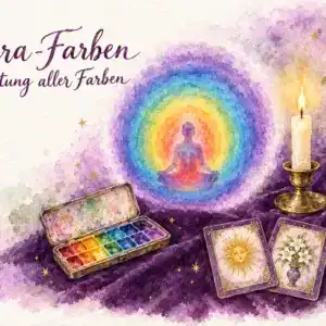 Aura-Farben: Aquarell mit meditierender Silhouette in einem Regenbogen-Lichtkranz, Aquarellkasten, Kerze, Bergkristall und zwei Lenormandkarten (Sonne und Lilien) auf violettem Samt