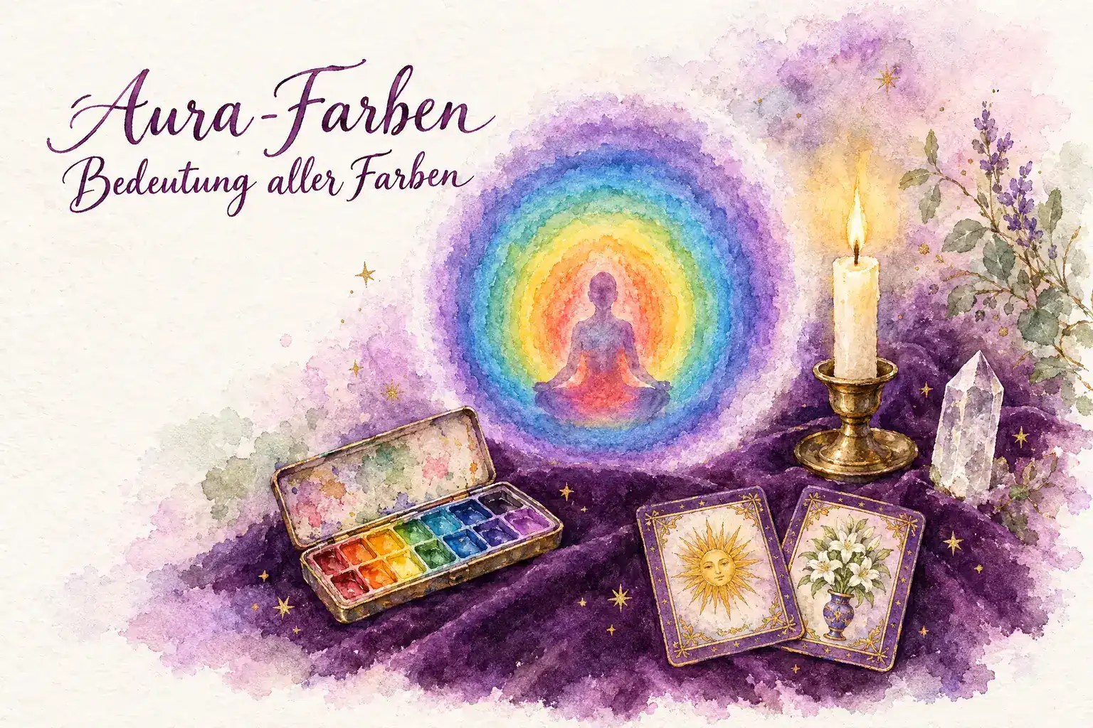 Aura-Farben: Aquarell mit meditierender Silhouette in einem Regenbogen-Lichtkranz, Aquarellkasten, Kerze, Bergkristall und zwei Lenormandkarten (Sonne und Lilien) auf violettem Samt