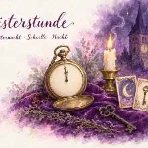 Aquarell in Violett und Gold mit dem Schriftzug &bdquo;Geisterstunde &ndash; Mitternacht &middot; Schwelle &middot; Nacht&ldquo;: eine offene Taschenuhr, deren Zeiger auf Mitternacht stehen, ein Kirchturm mit Uhr unter der Mondsichel, eine Kerze, ein alter Schl&uuml;ssel, Lavendel und die Lenormandkarten Mond und Schl&uuml;ssel