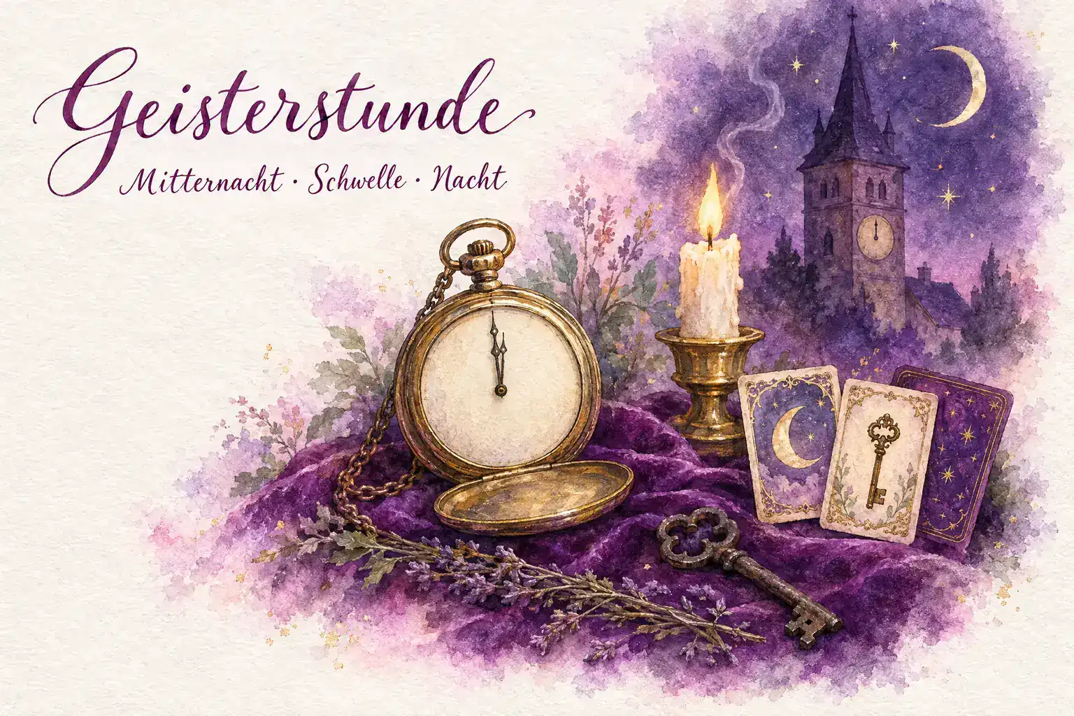 Aquarell in Violett und Gold mit dem Schriftzug &bdquo;Geisterstunde &ndash; Mitternacht &middot; Schwelle &middot; Nacht&ldquo;: eine offene Taschenuhr, deren Zeiger auf Mitternacht stehen, ein Kirchturm mit Uhr unter der Mondsichel, eine Kerze, ein alter Schl&uuml;ssel, Lavendel und die Lenormandkarten Mond und Schl&uuml;ssel