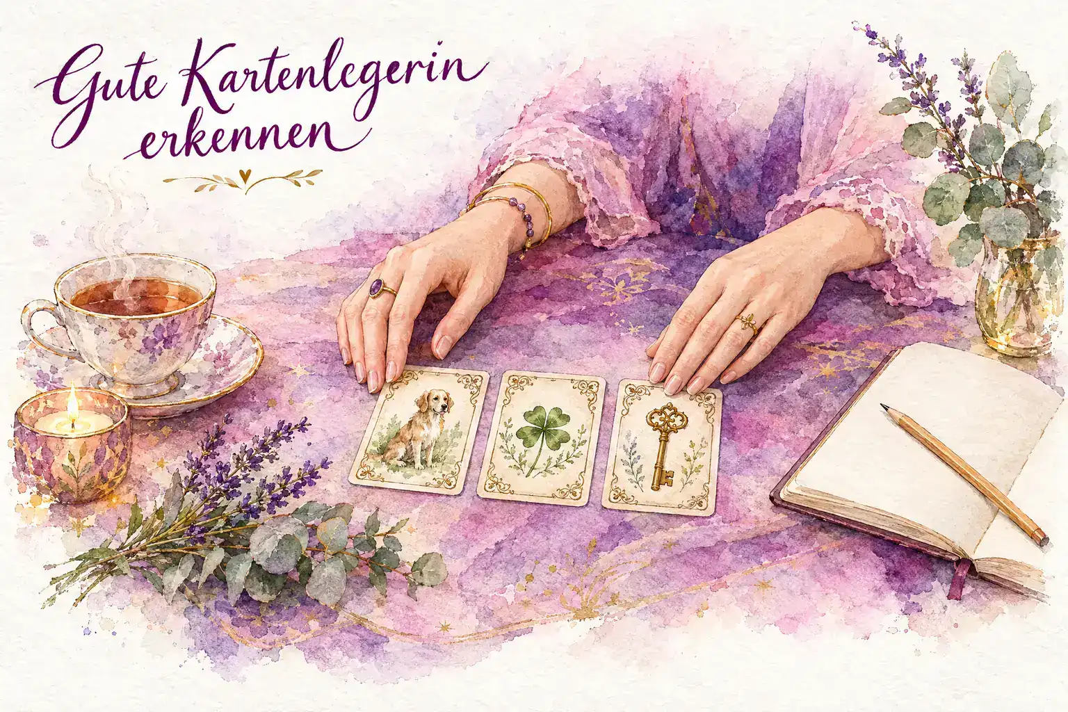 Gute Kartenlegerin erkennen: Aquarell mit H&auml;nden, die drei Lenormandkarten mit Hund, Kleeblatt und Schl&uuml;ssel legen, daneben Tee, Kerze, Lavendel und Notizbuch