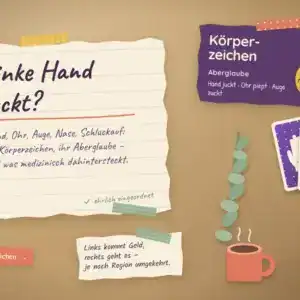 Linke Hand juckt, Ohr piept, Auge zuckt: Notizzettel mit der Frage und drei Karten mit Hand, Ohr und Auge