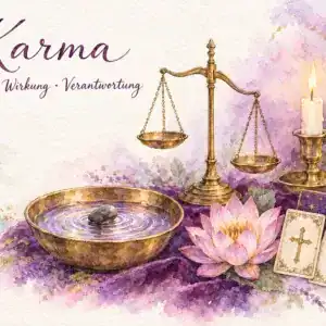 Aquarell: Messingwaage, Stein mit Wasserringen in einer Schale, Kerze und Lotusbl&uuml;te neben den Lenormandkarten Kreuz und Ring, Schriftzug &bdquo;Karma &ndash; Ursache &middot; Wirkung &middot; Verantwortung&ldquo;