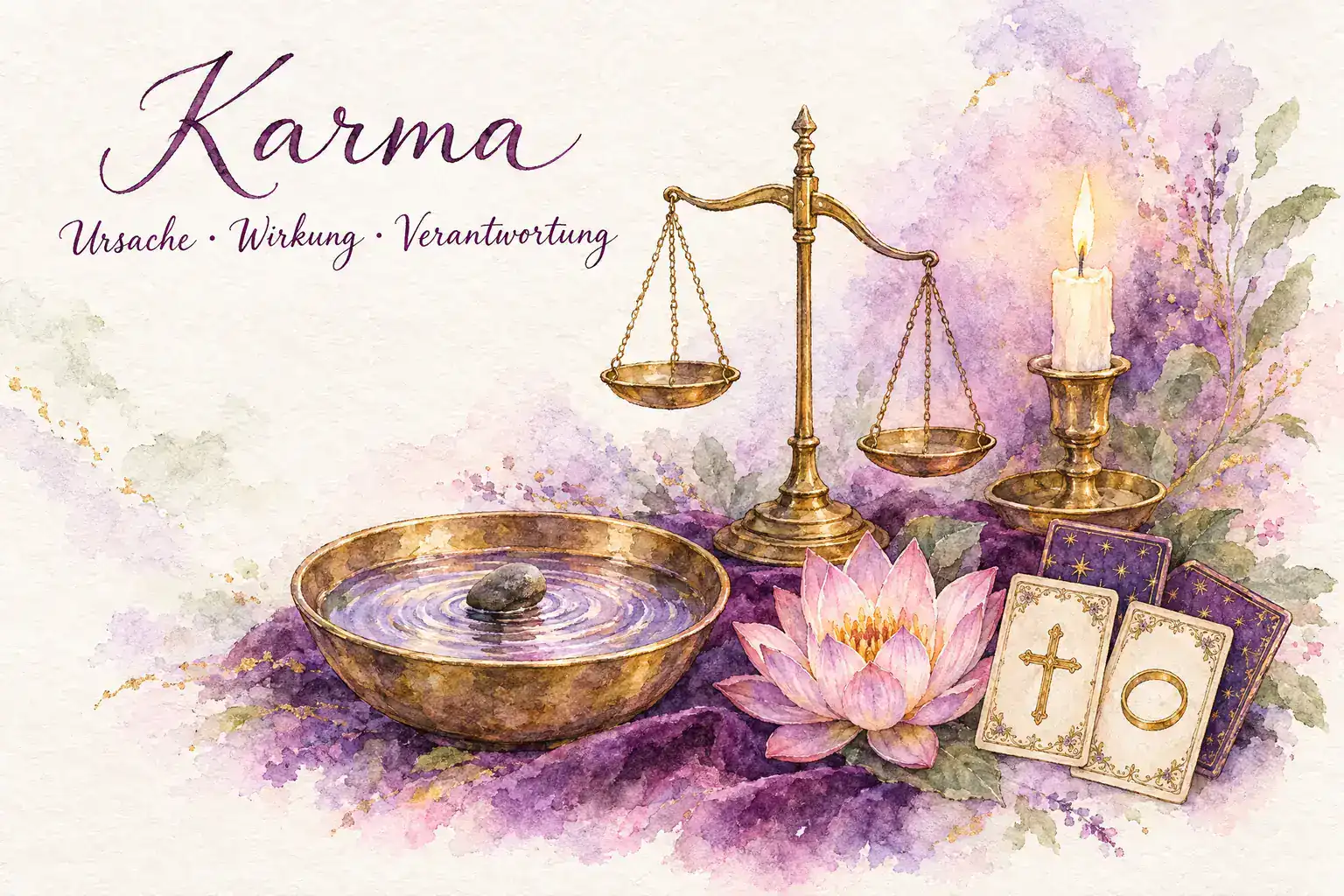 Aquarell: Messingwaage, Stein mit Wasserringen in einer Schale, Kerze und Lotusbl&uuml;te neben den Lenormandkarten Kreuz und Ring, Schriftzug &bdquo;Karma &ndash; Ursache &middot; Wirkung &middot; Verantwortung&ldquo;