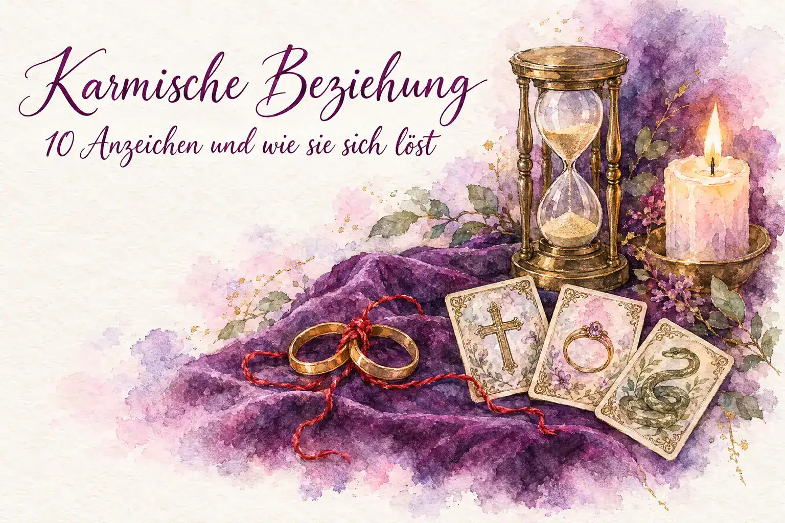 Karmische Beziehung: Aquarell mit zwei Goldringen und verknotetem roten Faden, Sanduhr und den Lenormandkarten Kreuz, Ring und Schlange