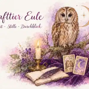Krafttier Eule: Aquarell eines Waldkauzes auf einem Ast unter der Mondsichel, mit Kerze, Notizbuch, den Lenormandkarten Eulen und Mond und dem Schriftzug &bdquo;Krafttier Eule &ndash; Weisheit &middot; Stille &middot; Durchblick&ldquo;