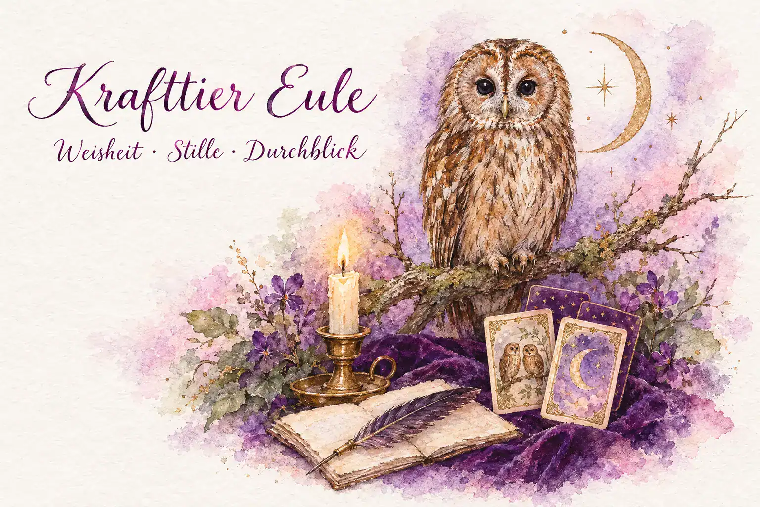 Krafttier Eule: Aquarell eines Waldkauzes auf einem Ast unter der Mondsichel, mit Kerze, Notizbuch, den Lenormandkarten Eulen und Mond und dem Schriftzug &bdquo;Krafttier Eule &ndash; Weisheit &middot; Stille &middot; Durchblick&ldquo;