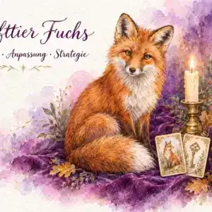 Lenormand Karten kaufen: Dein ideales Wahrsagekarten Deck wartet! 10 Krafttier Fuchs: Aquarell eines Rotfuchses auf violettem Samt mit Kerze, den Lenormandkarten Fuchs und Schlüssel und dem Schriftzug „Krafttier Fuchs – Klugheit · Anpassung · Strategie“